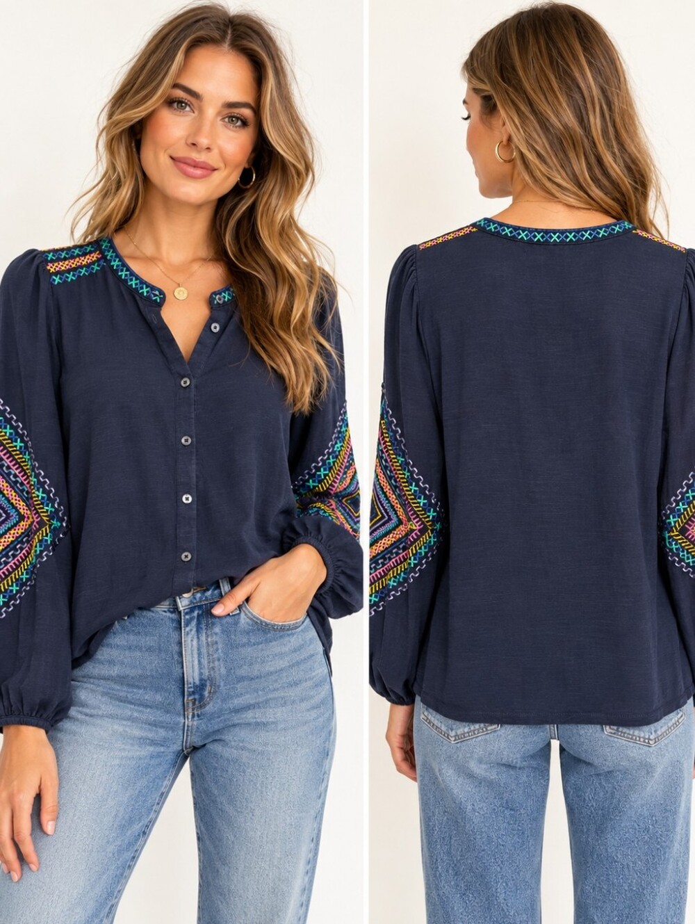 Boden Marina Embroidered Shirt Navy Multicolor Boho Blouse US 14